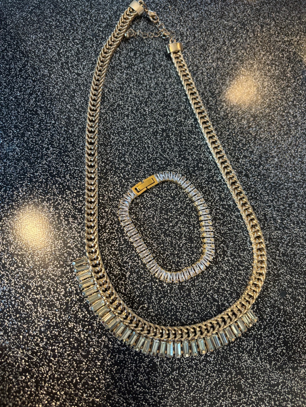 Gold Tone Rhinestone Necklace & Tennis Bracelet 2 Piece Jewelry Lot